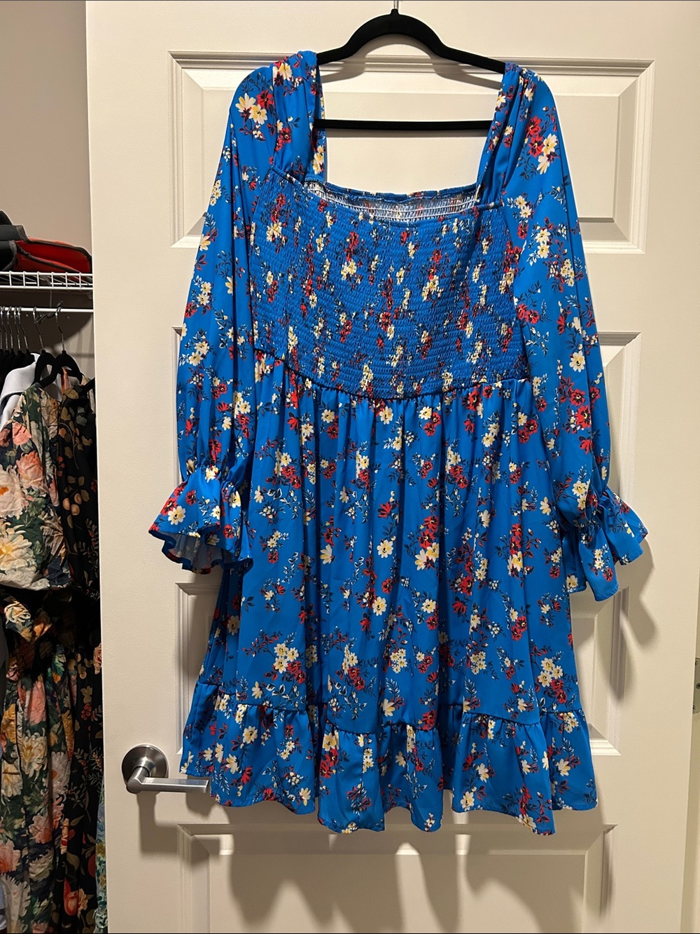Bright Blue Floral Smocked Dress with Ruffle Hem
